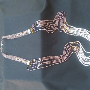 Native Beaded Layered Necklace in Pink, Gray and White Beads.